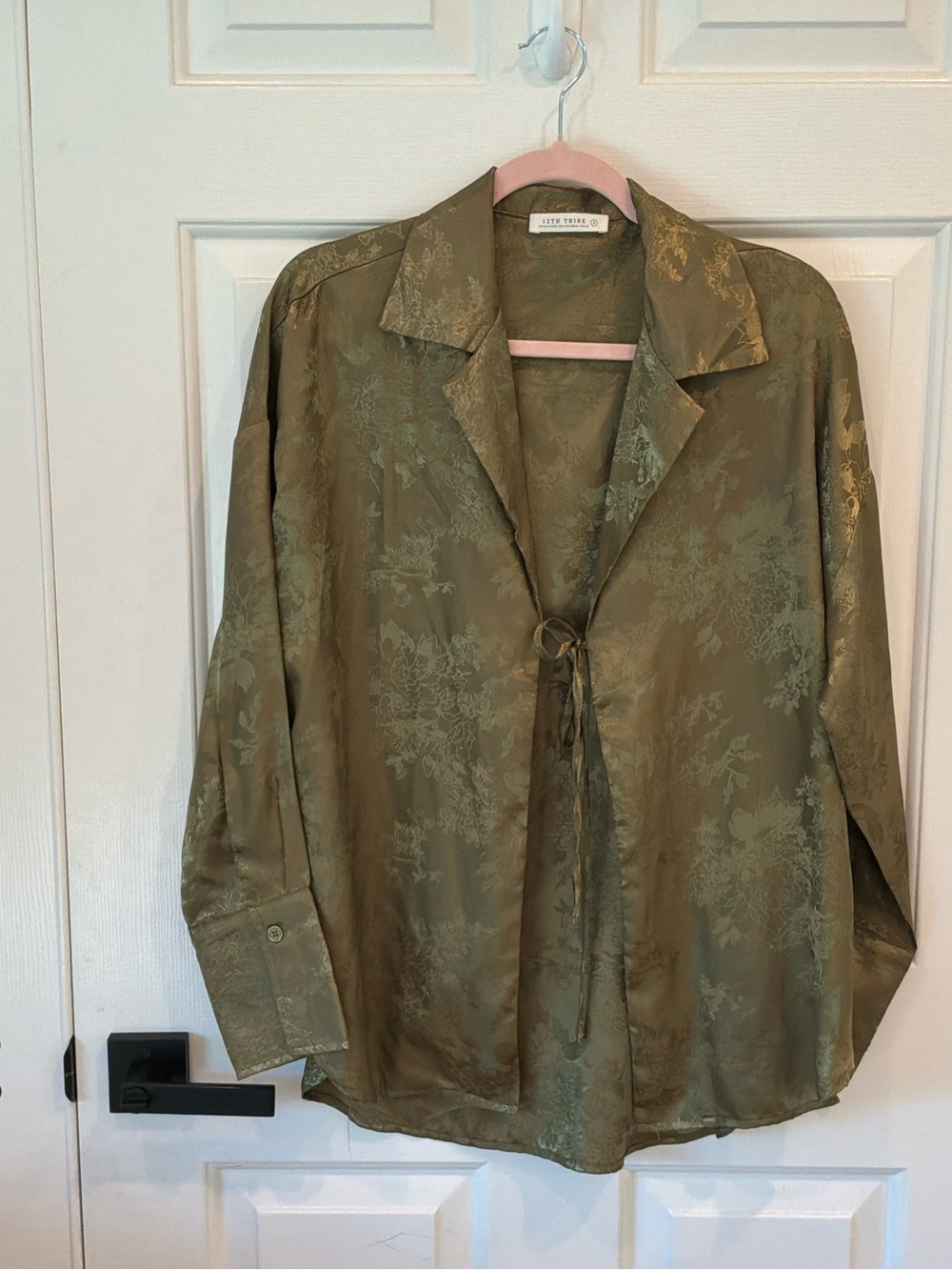 12th Tribe Olive Green Satin Tie-Front Blouse